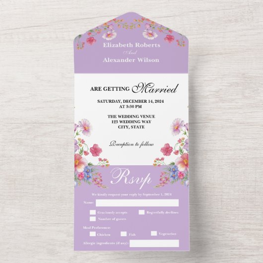 Elegante kleurrijke wilde bloem Paarse bruiloft All In One Uitnodiging (Binnen)