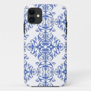 Elegante kobaltblauwe en witte bloemrijke damastst iPhone 11 hoesje