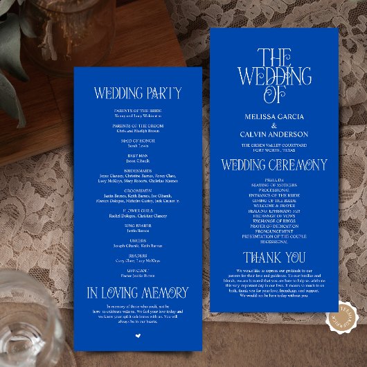 Elegante kobaltblauwe typografie huwelijksprogramm programma
