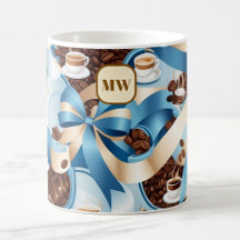 Elegante koffie blauw lint bogen monogram