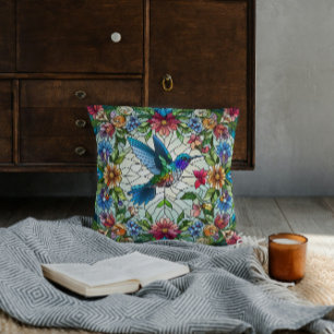 Elegante Kolibrie met Glas-in-Lood Effect Kussen