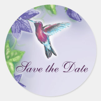elegante kolibrie paarse bloemen bruiloft ronde sticker