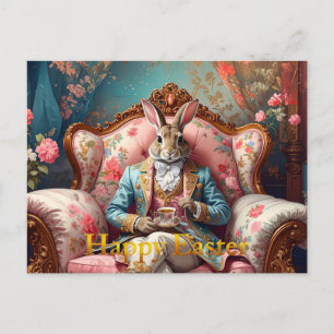 Elegante konijn drinkt thee Gelukkig Pasen Feestdagenkaart