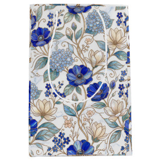 Elegante Koninklijk Blauwe Bloemige Gouden Botanis Medium Cadeauzakje