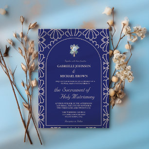 Elegante Koninklijk Blauwe Bloemrijke Huwelijksmis Kaart