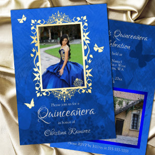 Elegante Koninklijk Blauwe, Gouden Vlinders Quince Folie Uitnodiging