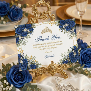 Elegante koninklijk blauwe rozen gouden Quinceañer Bedankkaart