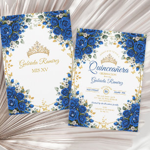 Elegante koninklijk blauwe rozen gouden Quinceañer Kaart