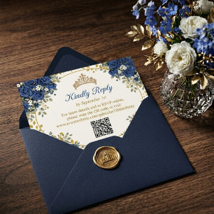 Elegante koninklijk blauwe rozen gouden Quinceañer RSVP Kaartje