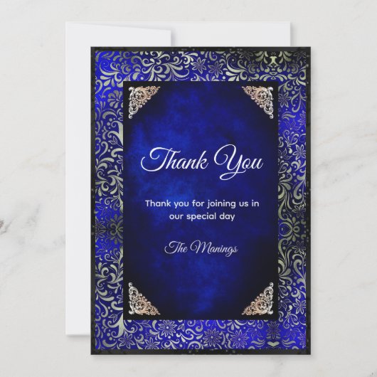 Elegante koninklijke blauwe bloemen faux zilver da kaart (Voorkant)