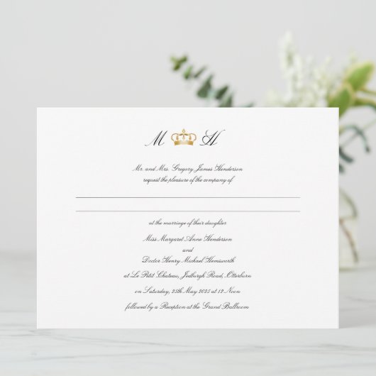 Elegante koninklijke kroon bruiloft kaart (Staand voorkant)