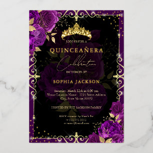Elegante Koninklijke Paarse Gouden Roos Quinceaner Folie Uitnodiging