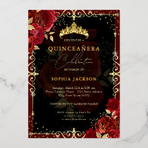 Elegante Koninklijke Rode Glans Gouden Roos Quince Folie Uitnodiging