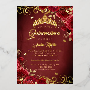 Elegante Koninklijke Rode Roze Gouden Wervel Quinc Folie Uitnodiging