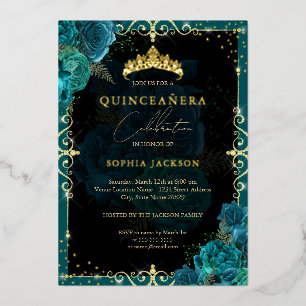 Elegante Koninklijke Teal Gouden Roos Quinceanera Folie Uitnodiging