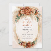 Elegante koperen en bordeauxrode bloemen gebladert save the date (Voorkant)