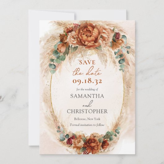 Elegante koperen en bordeauxrode bloemen gebladert save the date (Voorkant)