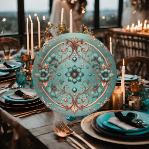 Elegante koperen en turquoise bloemenring papieren bordje