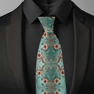 Elegante koperen en turquoise bloempatroon stropdas