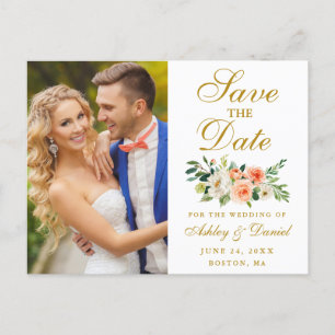 Elegante koraal bloemengoud foto Save the Date Briefkaart