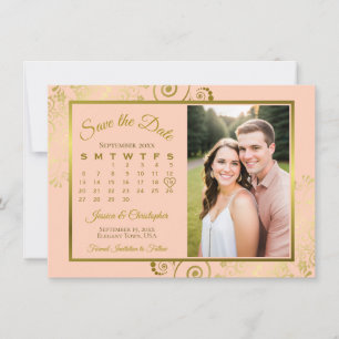 Elegante Koraal Perzik & Gouden Kalender Foto Brui Save The Date