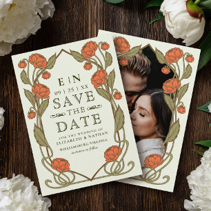 Elegante Koraal Pioen Art Nouveau Bloemige Bruilof Save The Date