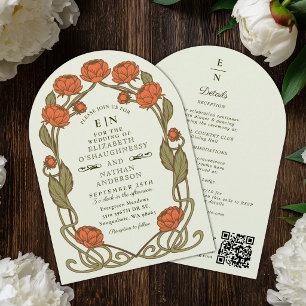 Elegante Koraal Pioen Art Nouveau Trouwboog QR  Kaart