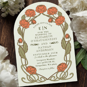Elegante Koraal Pioenroos Art Nouveau Bloemige Bru Kaart