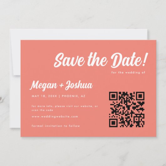 Elegante Koraal Roze Script QR Code Trouwen Save The Date (Voorkant)