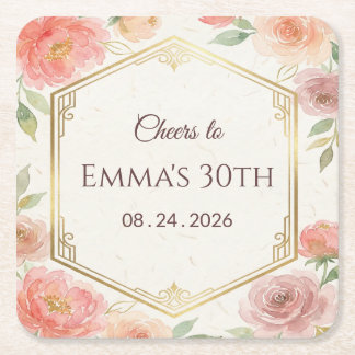 Elegante koraalroze bloem roosgoud verjaardag vierkante kartonnen onderzetter