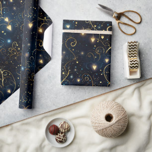Elegante kosmische gloeiende harten in blauw en go cadeaupapier