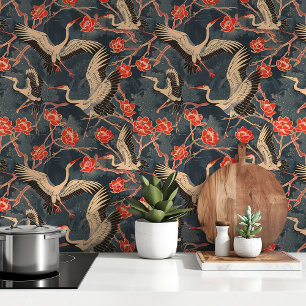 Elegante kranen en rode bloesems behang