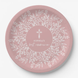 Elegante krans en kruis Roze meisje eerste communi Papieren Bordje