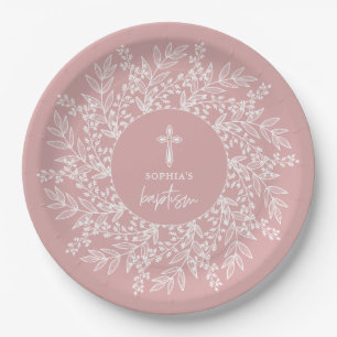 Elegante krans en kruis Roze meisjesdoop Papieren Bordje