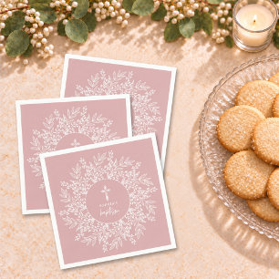 Elegante krans en kruis Roze meisjesdoop Servet