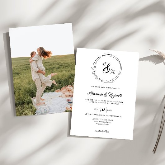 Elegante Krans Monogram Fotobruiloft Kaart