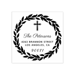 Elegante krans religieus kruis retour adres 	rubberstempel
