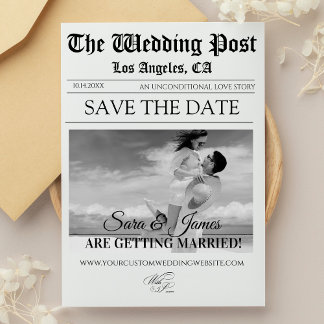 Elegante krant aangepaste foto save the date kaart
