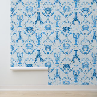 Elegante kreeft en krabben in korenbloemblauw behang