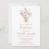 Elegante Kruis en Roze Bloemen Meisje Doop Kaart (Voorkant)