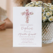 Elegante Kruis en Roze Bloemen Meisje Doop Kaart