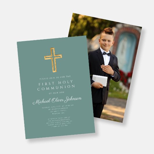 Elegante kruisfoto jongen eerste communie kaart