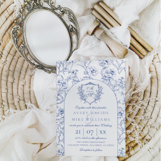 Elegante kuif Stoffig Blauw Bloemen Bruiloft Kaart