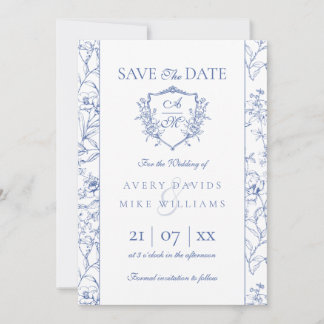 Elegante  kuif Stoffig Blauw Bloemen Bruiloft Save The Date