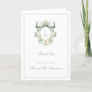Elegante kuif w / Sage Groene Boog Monogram brui Bedankkaart