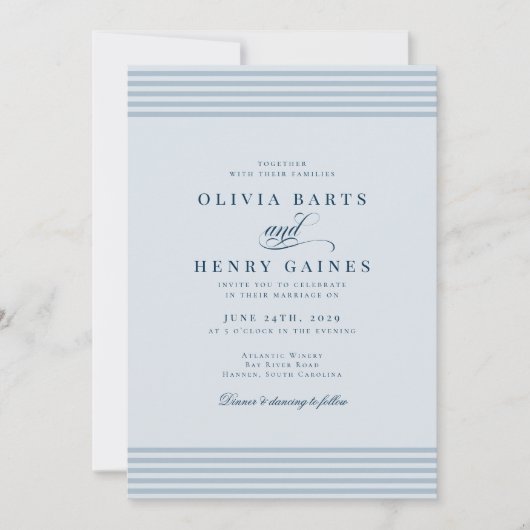 Elegante kust blauwe streep bruiloft kaart (Voorkant)