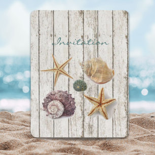 elegante kust houten zeeschelpen strand bruiloft kaart