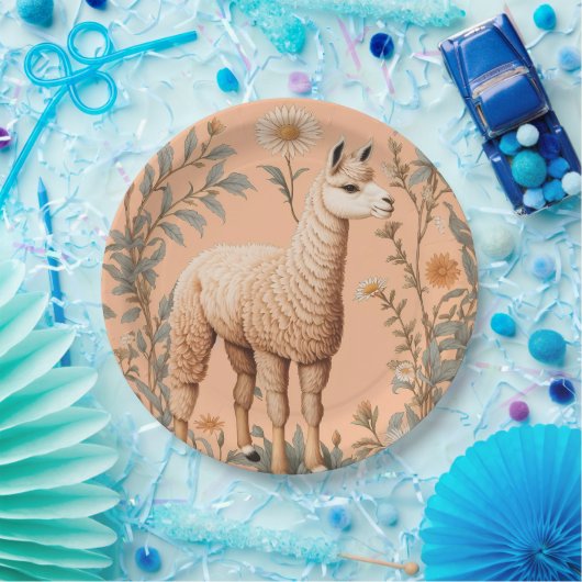 Elegante Lama en Daisy bloemen op perzik Papieren Bordje (Feest)