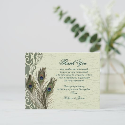 Elegante land groene pauw dank u briefkaart (Staand voorkant)