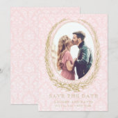 Elegante Laurel Krans | Roze Damask Foto Save The Date (Voorkant / Achterkant)